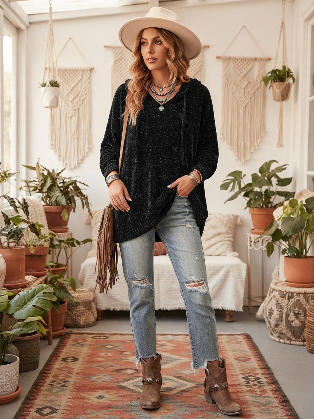 NWT Easel Los Angeles Black Chenille Velvet Oversized Hoodie Pullover Sweater-M